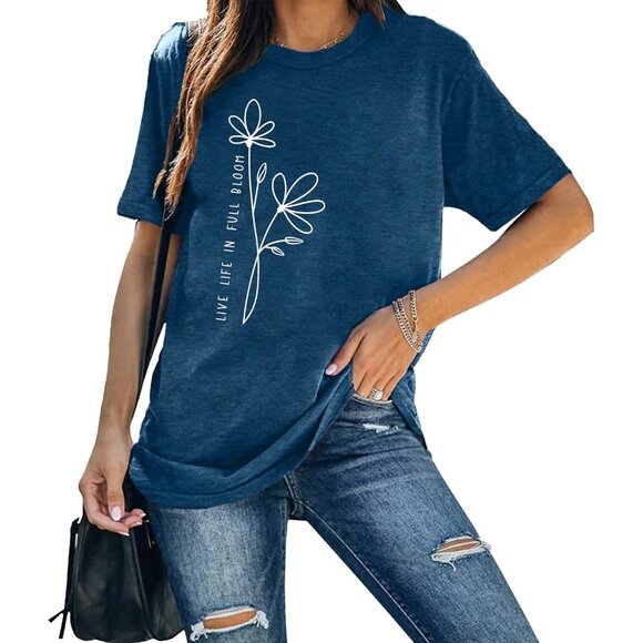 🆕Women Blue Cotton Blend Floral Shirt Summer Flower Inspirational Tee - Picture 3 of 5